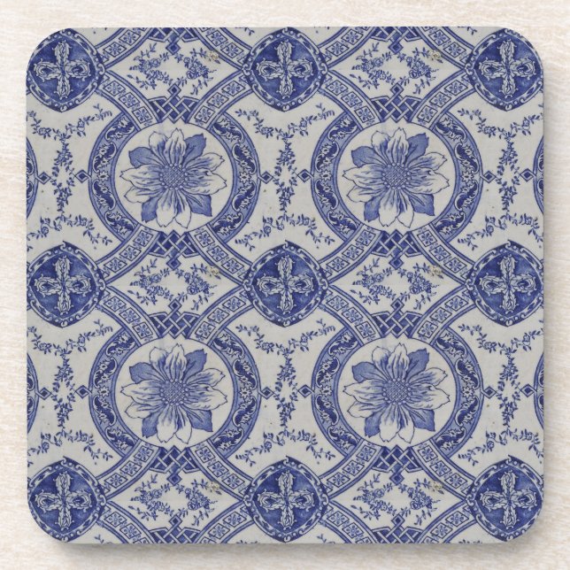 Repro Portugiesisch Blue Geometric Azulejos Floral Getränkeuntersetzer (Vorderseite)