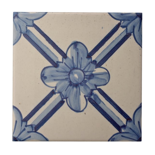 Repro Portugiesische Blume Blaue Geometrie Azulejo Fliese (Vorderseite)