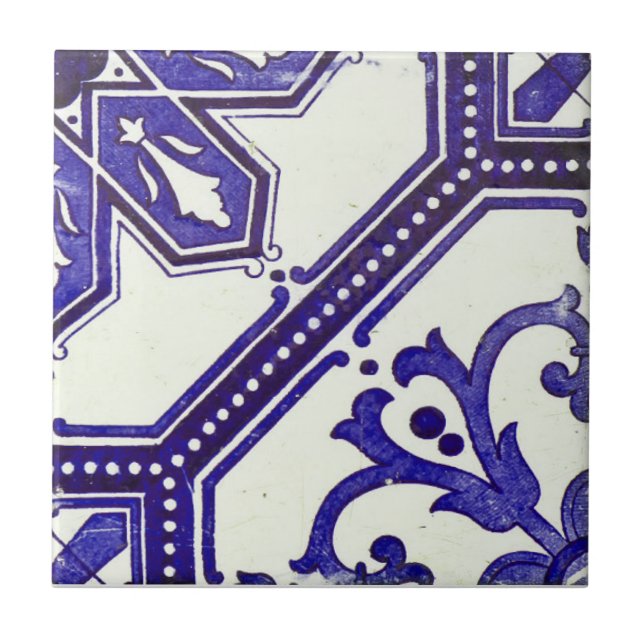 Repro Portugiesische Marine Blue Geometric Azulejo Fliese (Vorderseite)