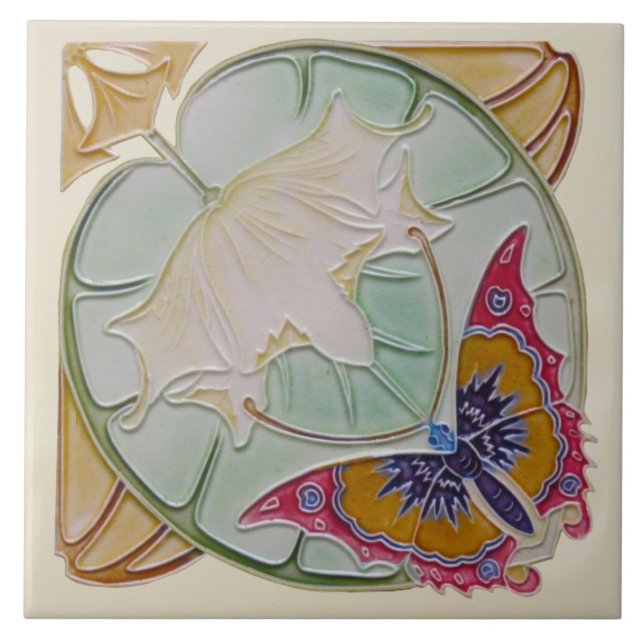 Repro seltene belgische Art Nouveau Butterfly Flor Fliese (Vorderseite)