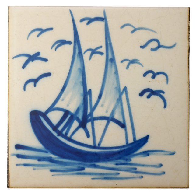 Repro Software Schiff Segelboot Blau Delft Fliese (Vorderseite)
