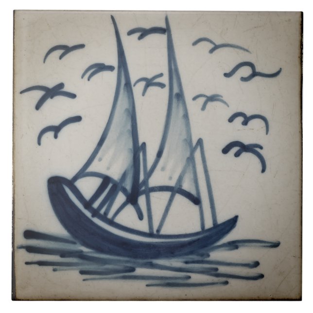Repro Software Schiff Segelboot Blau Delft Fliese (Vorderseite)