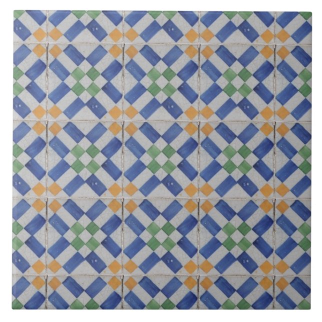 Repro Spanish Geometric Azulejos Blue Yellow Fliese (Vorderseite)