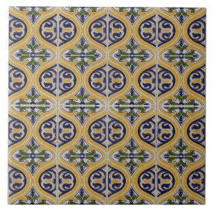 Repro Spanish Geometric Azulejos Blue Yellow Tile Fliese
