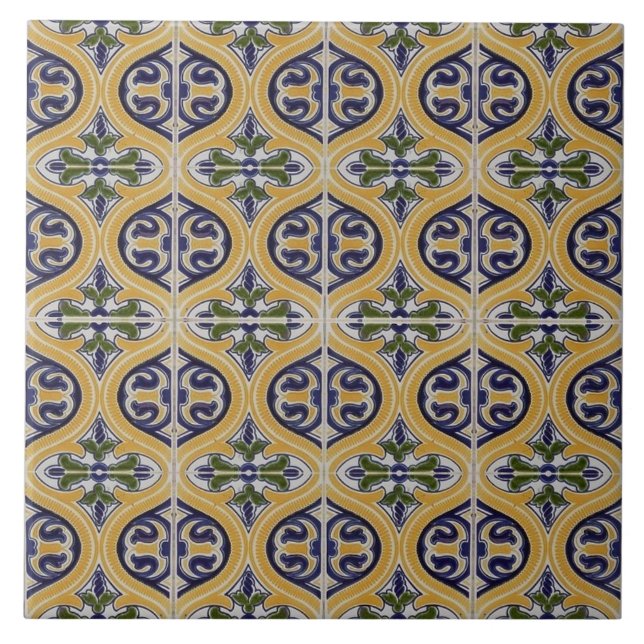 Repro Spanish Geometric Azulejos Blue Yellow Tile Fliese (Vorderseite)
