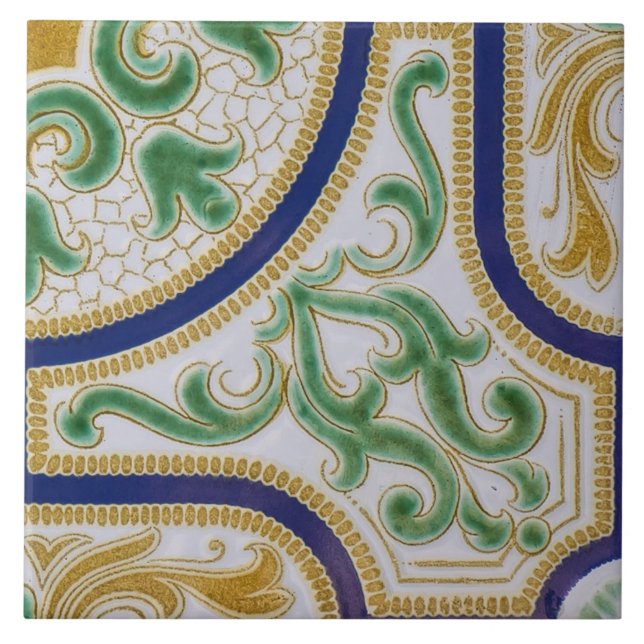 Repro Spanish Geometric Azulejos Blue Yellow Tile Fliese (Vorderseite)