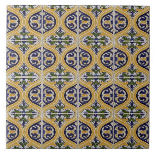 Repro Spanish Geometric Azulejos Blue Yellow Tile Fliese