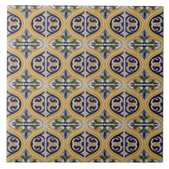 Repro Spanish Geometric Azulejos Blue Yellow Tile Fliese (Vorderseite)