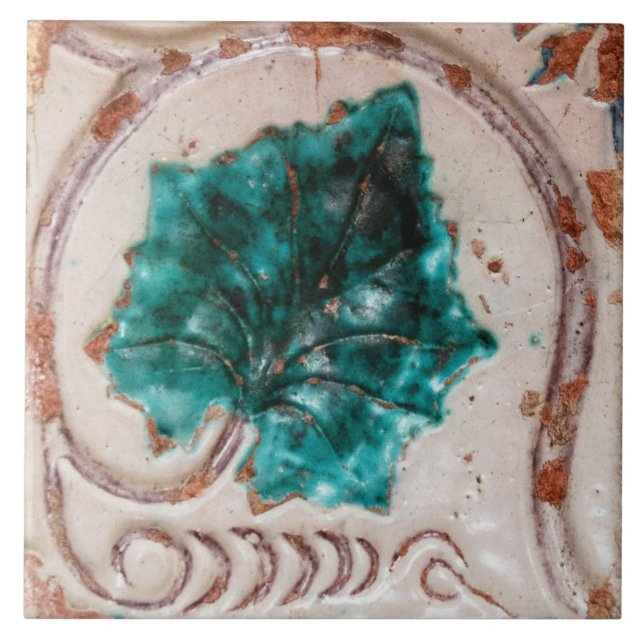 Repro Spanish Geometric Azulejos Green Leaf Floral Fliese (Vorderseite)
