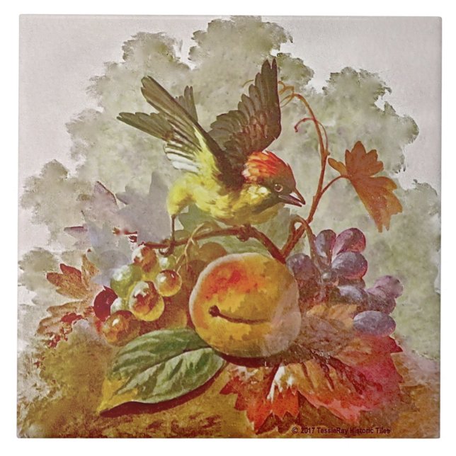 Repro Viktorianisch handbemalt Bird & Fruit Tile # Fliese (Vorderseite)
