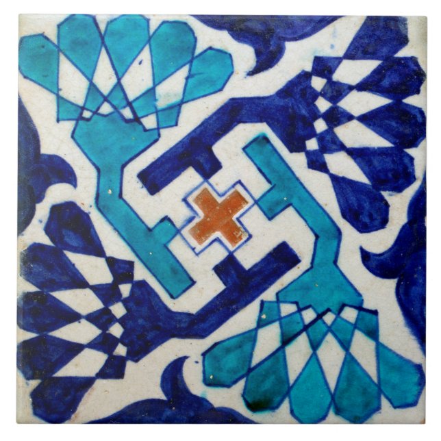 Repro Vintag Blue Geometric Floral Tile Fliese (Vorderseite)