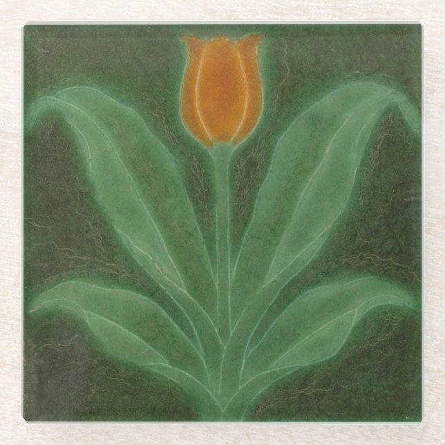 Repro Yellow Green Tulip Art Nouveau Tile Glass Co Glasuntersetzer (Vorderseite)