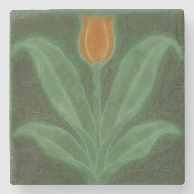 Repro Yellow Green Tulip Art Nouveau Tile Steinuntersetzer (Vorderseite)