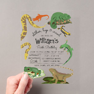 Reptilien, Echsen & Amphibien Kindergeburtstag Acryleinladungen