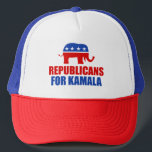 Republikaner für Kamala Harris Elephant Truckerkappe<br><div class="desc">Die Republikaner für Kamala Harris hassen sich mit dem roten und blauen republikanischen Elefanten. Die Konservativen stimmten bei den Wahlen 2024 für Kamala als Präsident.</div>