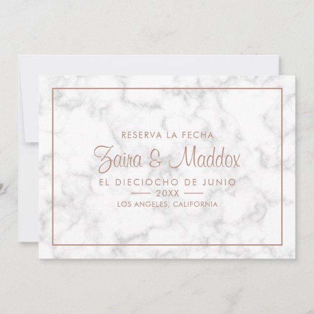 Reserva La Fecha Modern Marble Rose Gold Spanisch Save The Date (Vorderseite)