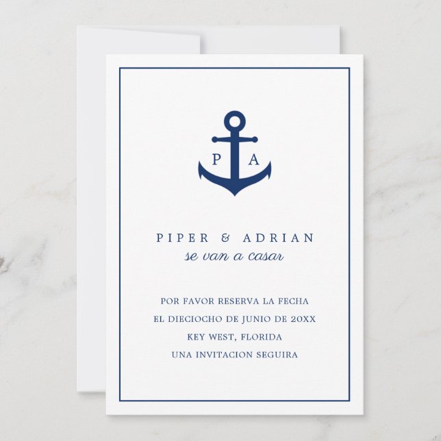 Reserva La Fecha Nautical Anchor Monogram Spanisch Save The Date (Vorderseite)