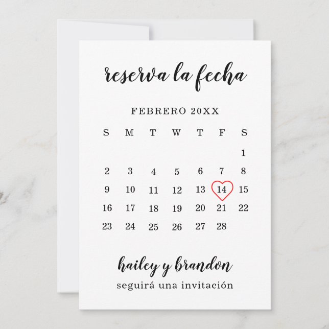 Reserva la Fecha Simple Calendar Red Heart Spanisc Save The Date (Vorderseite)