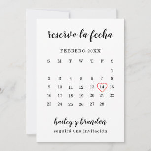 Reserva la Fecha Simple Calendar Red Heart Spanisc Save The Date