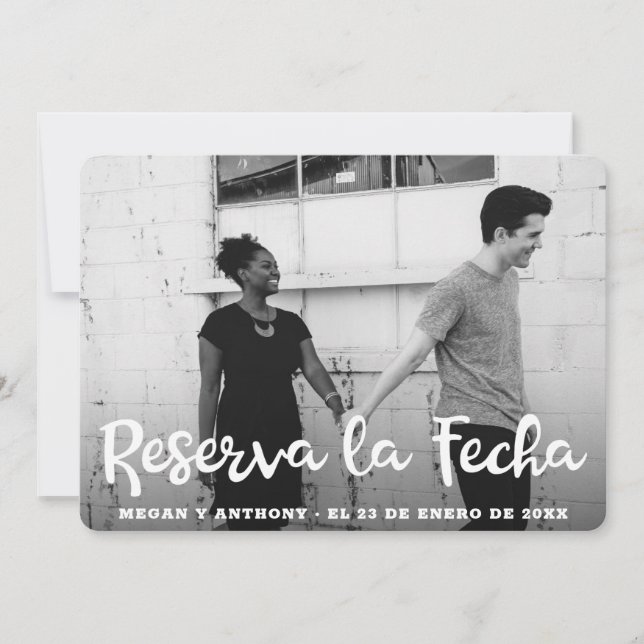 Reserva la Fecha White Text Overlay Foto Spanisch Save The Date (Vorderseite)