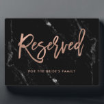Reserved Rose Gold Script Black Marble Wedding Fotoplatte<br><div class="desc">This elegant number says "reserved" in Falsch rose gold look,  modern handwritten script and has a spot to add a name. Die Background Has. The perfekt reserved sign for your elegant,  modern wedding.</div>