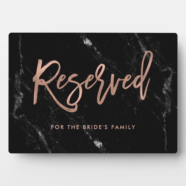 Reserved Rose Gold Script Black Marble Wedding Fotoplatte (Vorderseite)