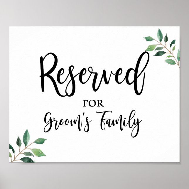 Reserviert für Grooms Family Greenery Wedding Sign Poster (Vorne)