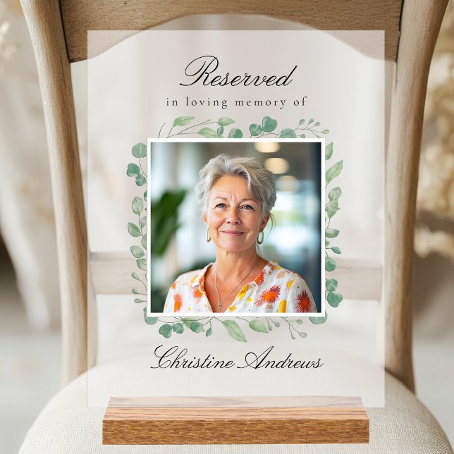 Reservierte Sitzplatzreservierung - Eukalyptus-Ged Acrylschild (Reserved Seat - Custom Eucalyptus Memorial Wedding White Transparent Photo Acrylic Sign )