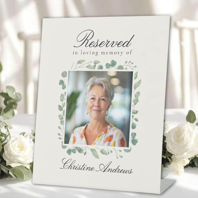 Reservierte Sitzplatzreservierung - Eukalyptus-Ged Sockelschild (Custom - Reserved Seat - Photo Eucalyptus Memorial Wedding Beige Pedestal Sign )