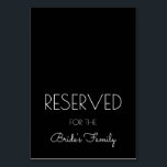 Reservierte Zeichen für schwarze und weiße Hochzei Tischnummer<br><div class="desc">Schwarz vorbehaltene Platzkarten zum halbieren nach dem Kauf. Diese stehende Karte kann für jede Gruppe - Familie,  Brautparty,  usw.,  oder Person - Brautschwester,  Brautschwester usw. - verwendet werden,  um eine Sitzplatzreservierung zu ermöglichen. Verwenden Sie auf Empfang-Tischen oder Zeremoniestühlen,  oder überall,  wo ein Platz gerettet werden muss.</div>
