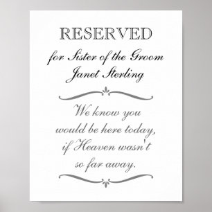 Reservierter Sitz Schwester des Bräutigams Gedenkh Poster