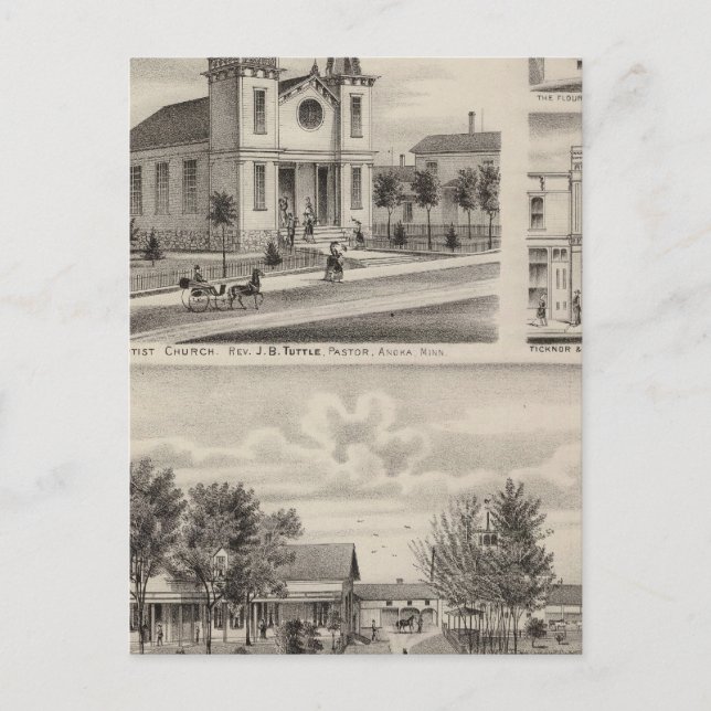 Residenz, Bauernhof, Kirche und Geschäft in Minnes Postkarte (Vorderseite)