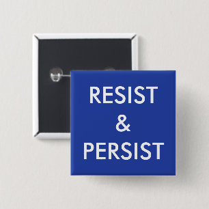 Resist & Persist, fett weißer Text auf blau Button