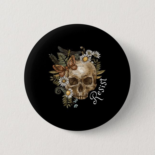 Resist Subtle Anti Trump Schädel Bloral botanisch Button (Vorderseite)