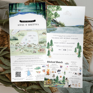 Resort Lakeside-Campingplatz   Illustrierte Hochze Dreifach Gefaltete Einladung