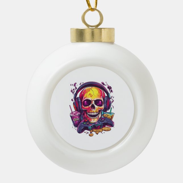 Respawn Ready � Funny Gamer Skull Keramik Kugel-Ornament (Vorderseite)
