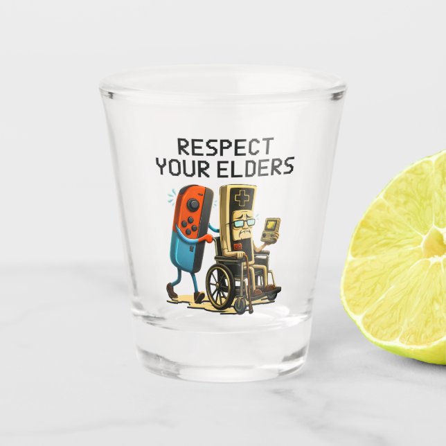 Respect Your Elders Gaming Control Retro Funny Schnapsglas (Vorderseite)
