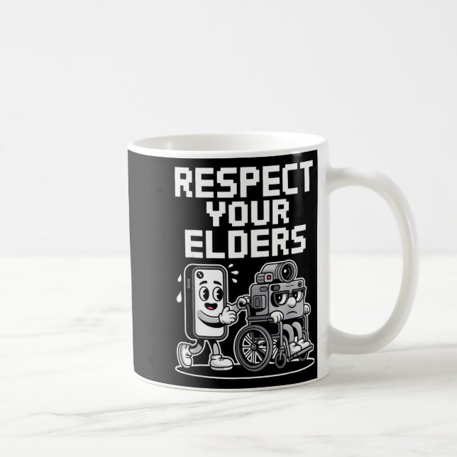 Respect Your Elders Retro Tech Camera Phone Cartoo Kaffeetasse (Rechts)