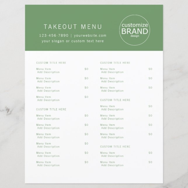 Restaurant-Ausgangs-Catering-Logo Olive Green Menu (Vorderseite)