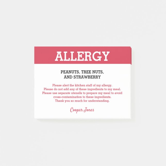 Restaurant "Food Allergy Alert" Personalisiert Post-it Klebezettel (Vorderseite)
