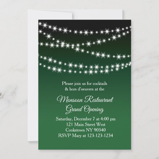 Restaurant Grand Opening Twinkle Lights Dunkelgrün Einladung (Vorderseite)