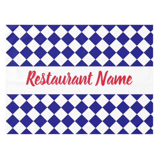 Restaurant Name Dark Blue & White Checkerboard Tischdecke (Vorderseite (Horizontal))