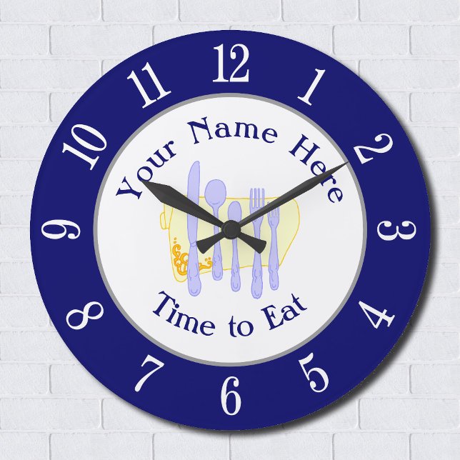 Restaurant Silverware auf Blue White Numbers Große Wanduhr (Restaurant Silverware on Blue White Numbers Large Clock)