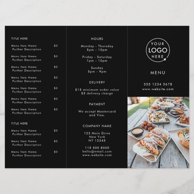 Restaurant Takeout | Black Modern Foto Menu (Vorderseite)