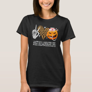 Retail Worker Peace Liebe Pumpkin Funny Halloween  T-Shirt