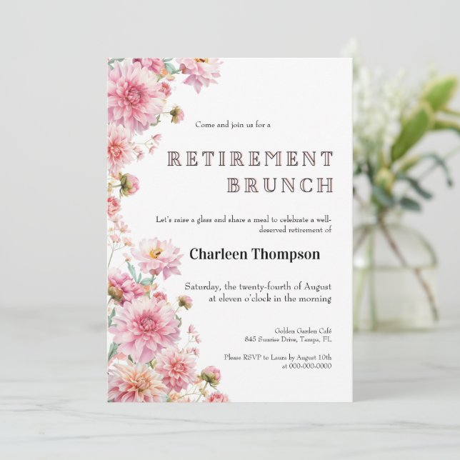 Retirement Brunch Invitation • Floral Farewell  Einladung (Stehend Vorderseite)