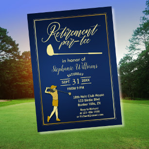 Retirement Golf Party Classic Blue Golden Woman Einladung