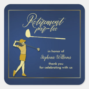 Retirement Golf Party Classic Blue Golden Woman Quadratischer Aufkleber