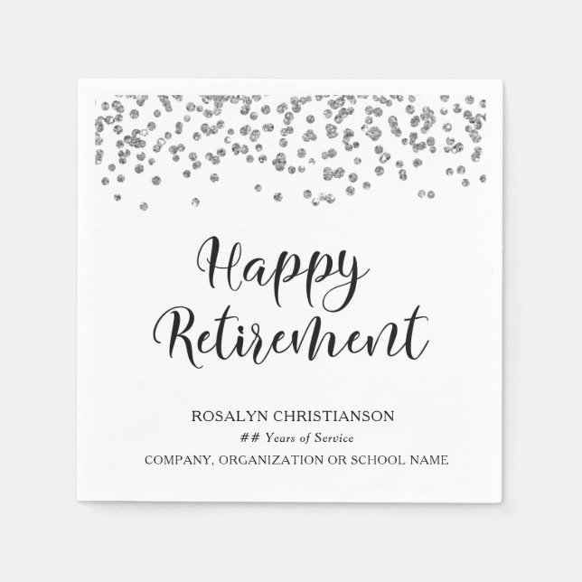 RETIREMENT Handgeschriebenes Skript Silver Confett Serviette (Vorderseite)