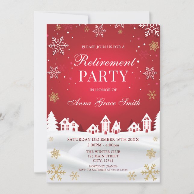 Retirement Holiday Party Red Winter  Invitation Einladung (Vorderseite)